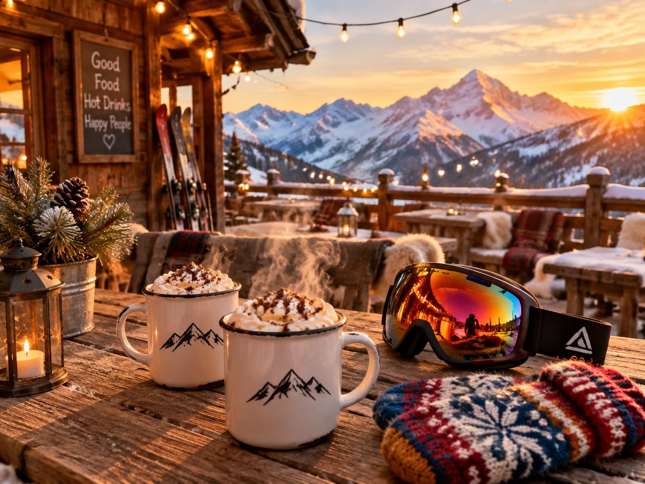 Après-ski drinks, goggles and mittens on a chalet terrace at sunset